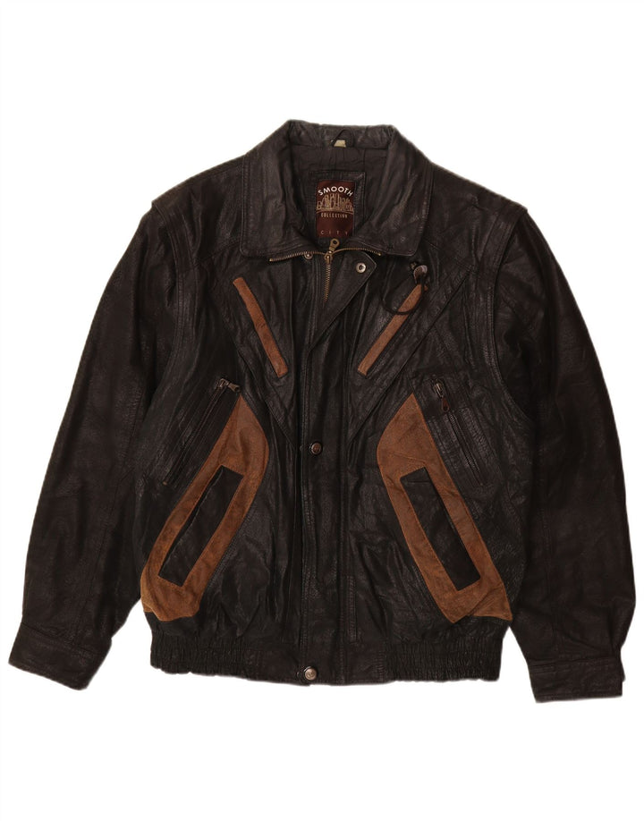 VINTAGE Herre læderjakke UK 40 Large Black Colourblock Læder