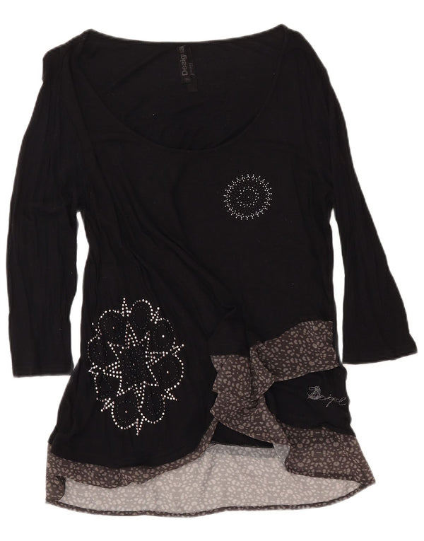 DESIGUAL grafisk top til kvinder 3/4 ærmer UK 18 XL sort dyreprint viskose