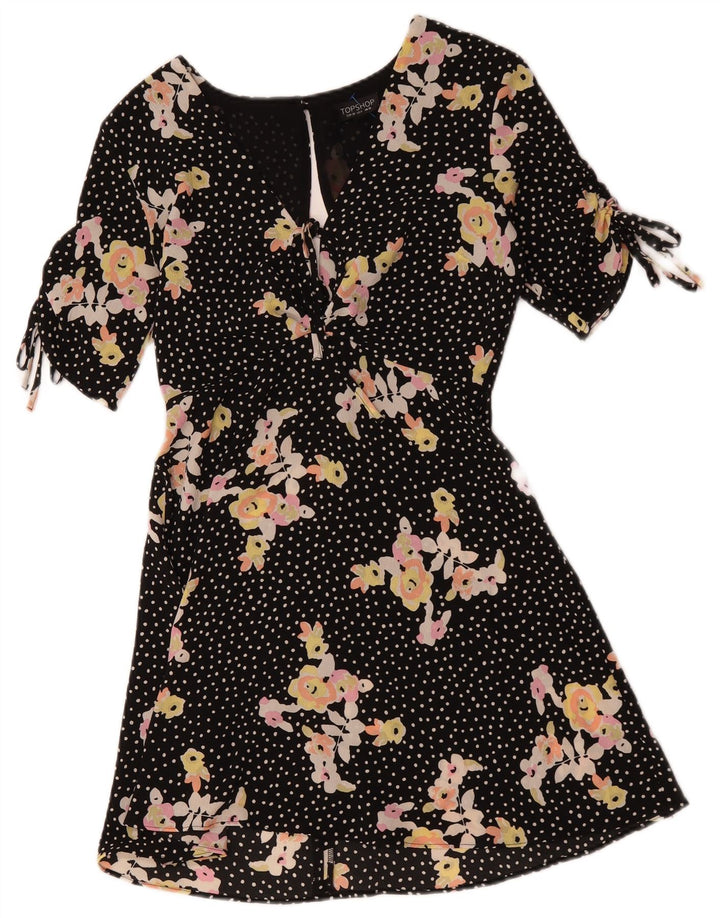 Topshop Womens A-Line Dress UK 10 Small Black Floral Polyester