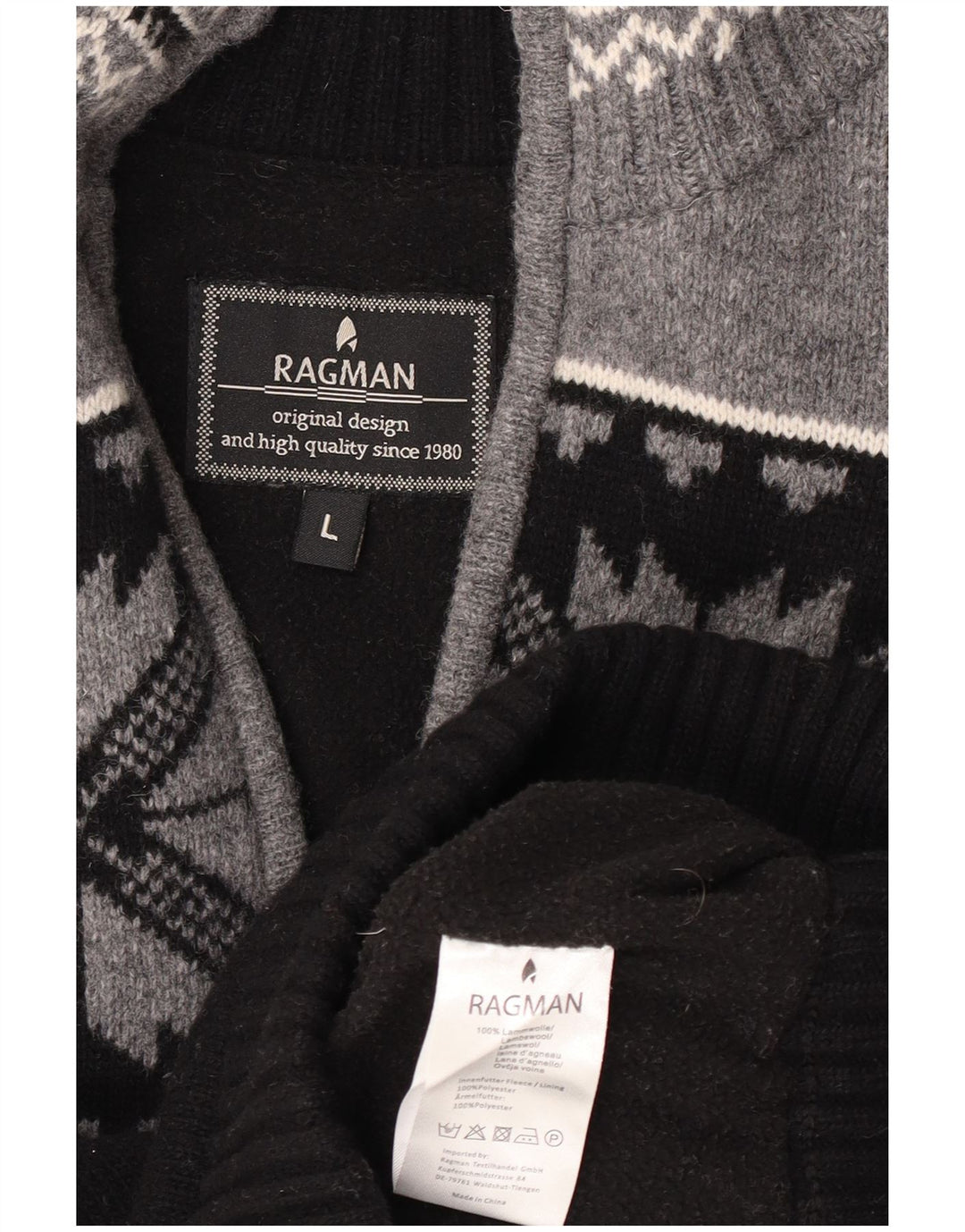 Ragman Herre Zip Neck Jumper Sweater Large Black Fair Isle Lambswool