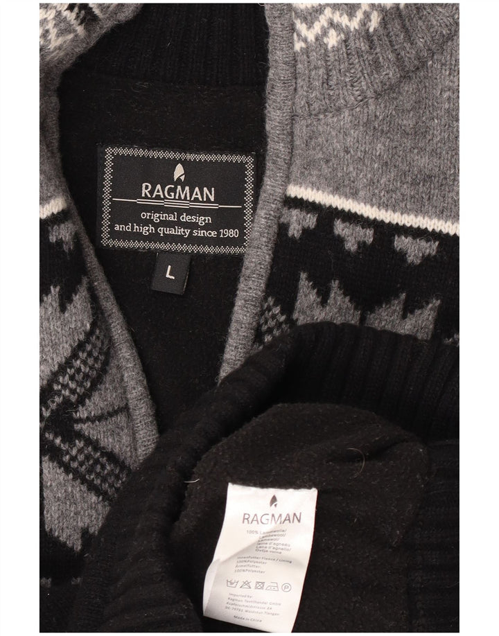 Ragman Herre Zip Neck Jumper Sweater Large Black Fair Isle Lambswool