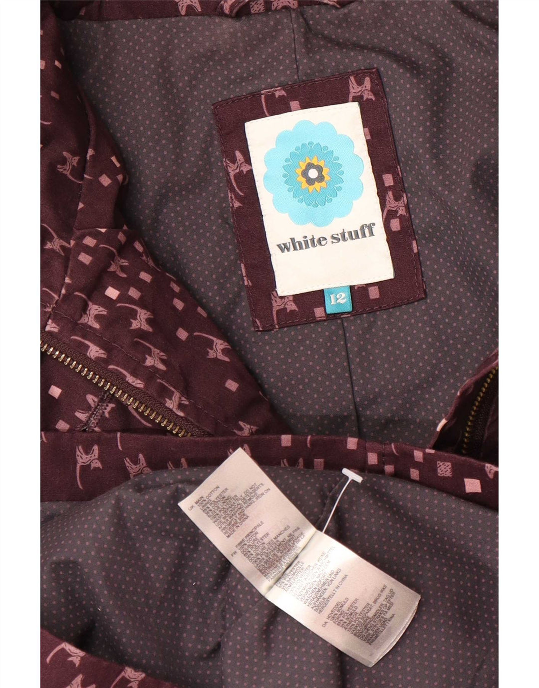 White Stuff Dame abstrakt mønster regnfrakke UK 12 Medium Burgundy Cat