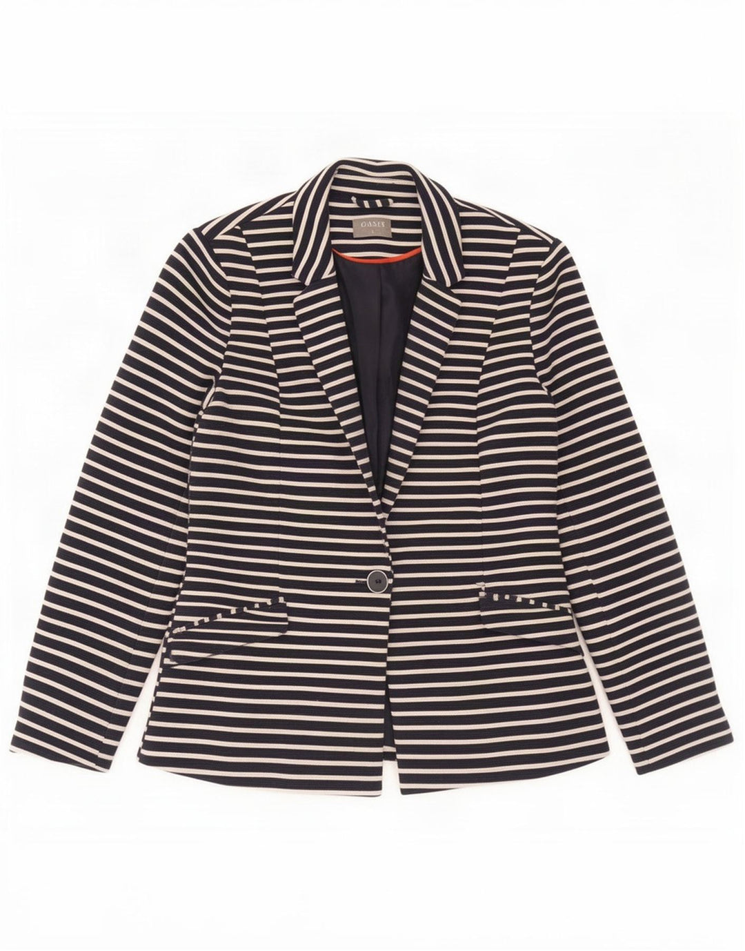 Oasis Dame 1 Knaps Blazer Jacket UK 8 Small Navy Blue Stribet Polyester