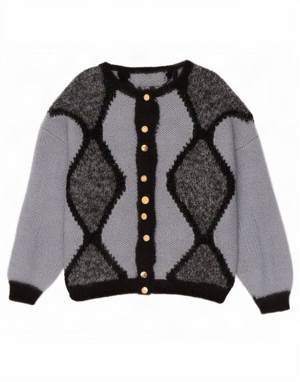 Vintage dame cardigan sweater UK 16 Large Blue Argyle/Diamond
