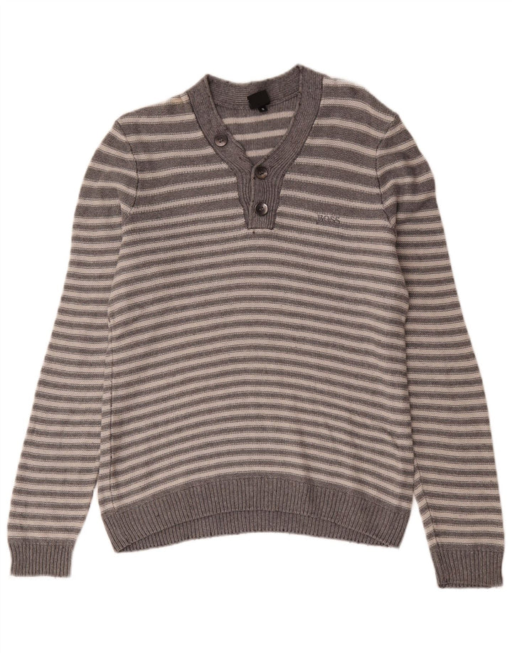 Hugo Boss Herre V-hals sweater lille grå stribet bomuld