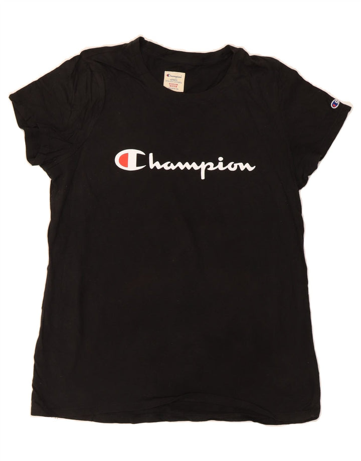CHAMPION Womens Graphic T-Shirt Top UK 14 Medium Black Cotton Vintage Champion and Second-Hand Champion from Messina Hembry 