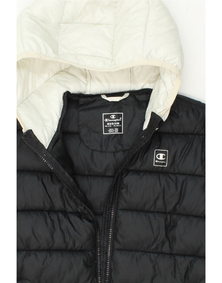 CHAMPION Boys Graphic Hooded Padded Jacket 9-10 Years Medium Black Vintage Champion and Second-Hand Champion from Messina Hembry 