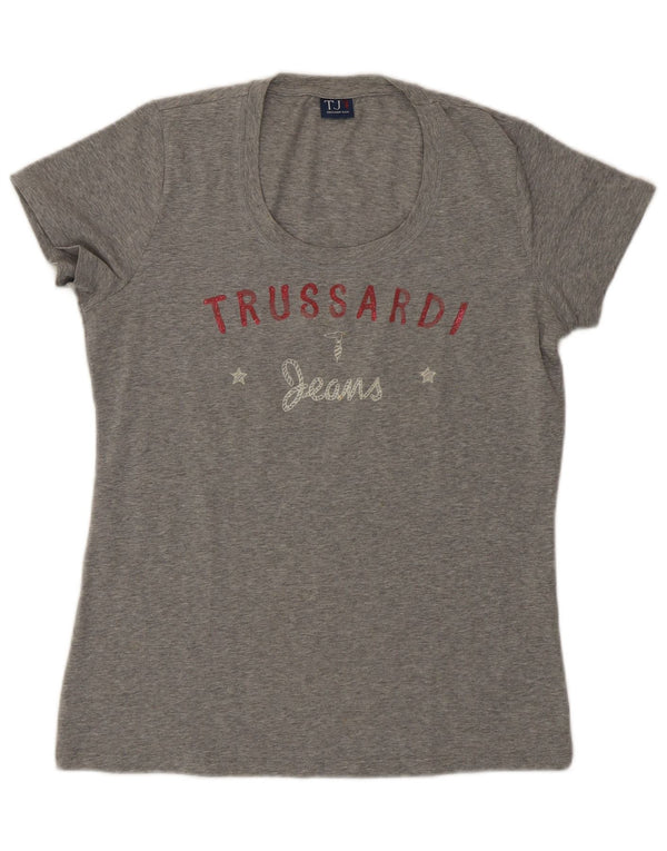 Trussardi Jeans Dame Grafisk T-Shirt Top UK 14 Stor Grå Bomuld