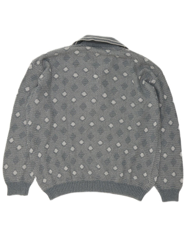 Vintage herre polo hals sweater stor grå geometrisk