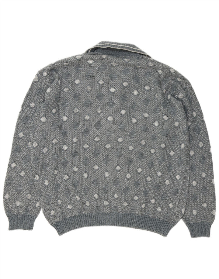 Vintage herre polo hals sweater stor grå geometrisk