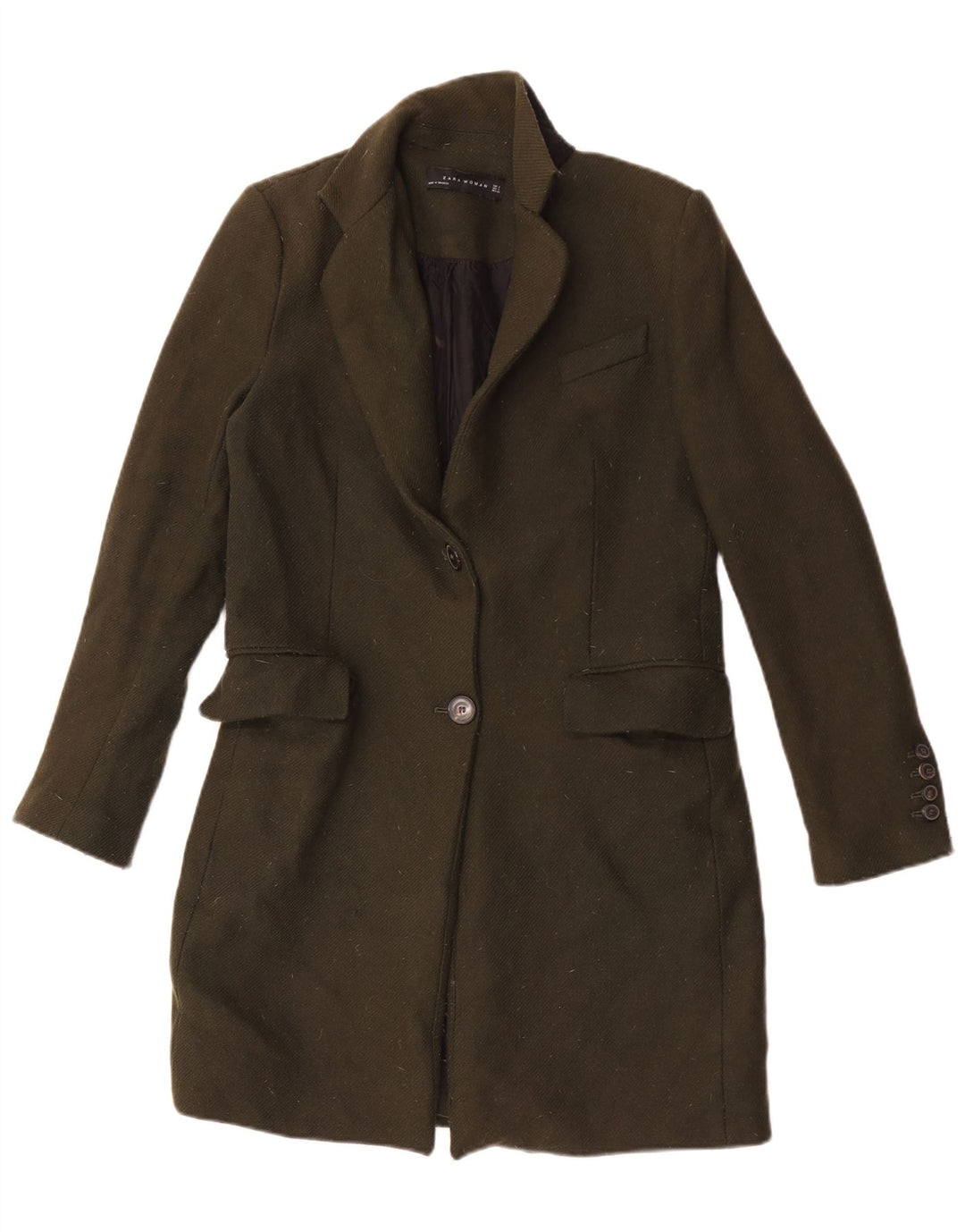 Zara Dame Overfrakke UK 10 Small Khaki Wool