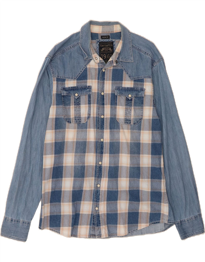 TOM TOMPSON Mens Slim Fit Denim Shirt Large Blue Check Cotton Vintage Tom Tompson and Second-Hand Tom Tompson from Messina Hembry 