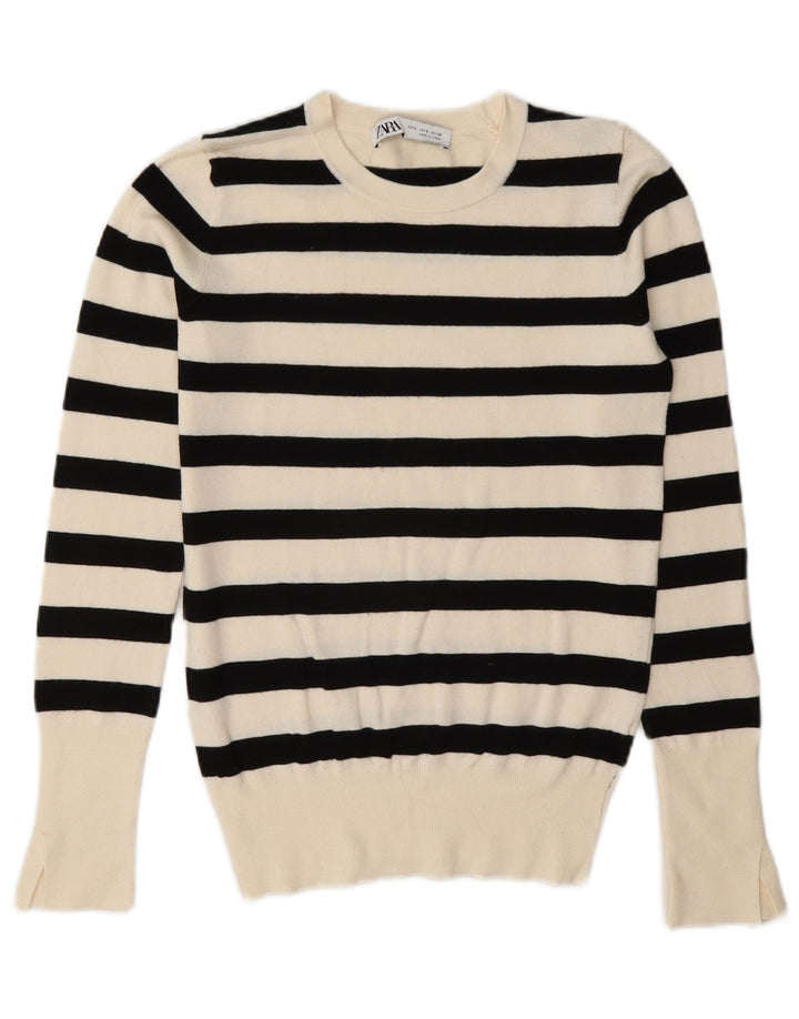 Zara Dame Jumper Sweater UK 10 Små Hvid Stribet