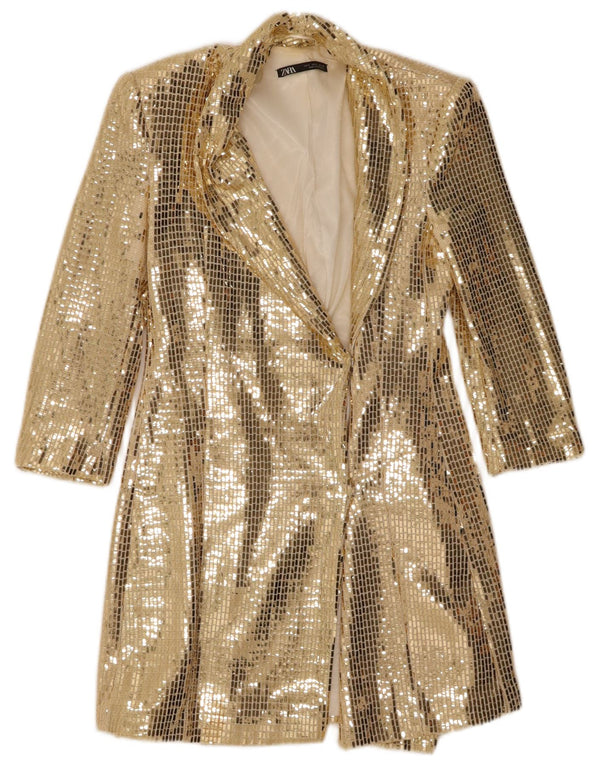 ZARA Womens 3/4 Sleeve Longline Blazer Jacket UK 10 Small Gold Nylon