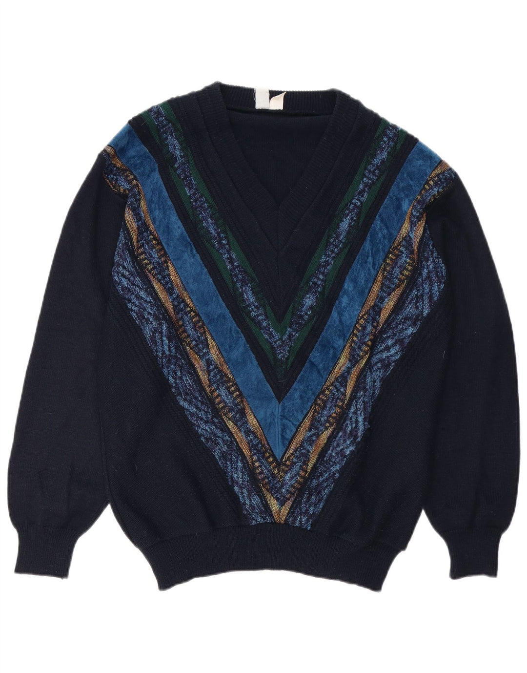 Vintage herre V-hals sweater stor marineblå geometrisk polyakryl