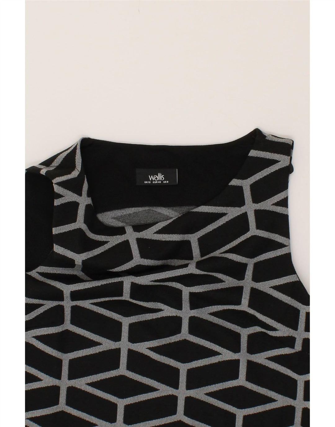 WALLIS Womens Sleeveless Sheath Dress UK 12 Medium  Black Geometric Vintage Wallis and Second-Hand Wallis from Messina Hembry 