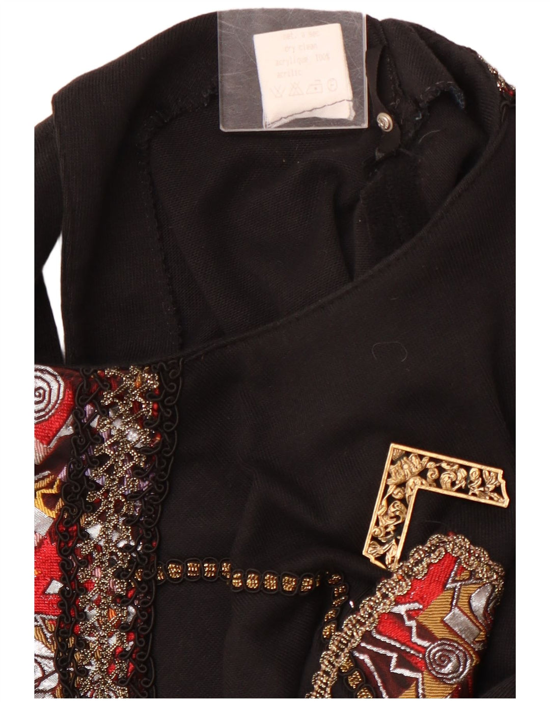 VINTAGE Grafisk Langærmet Bluse Top UK 12 Medium Sort Akryl