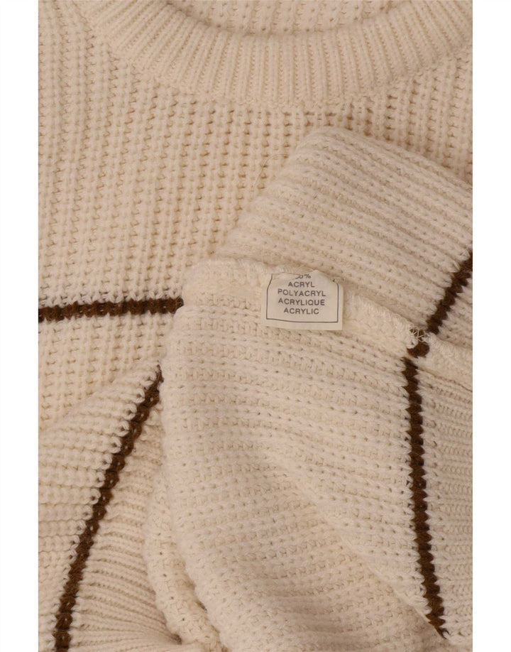 Vintage herre rund hals sweater medium off hvid stribet akryl