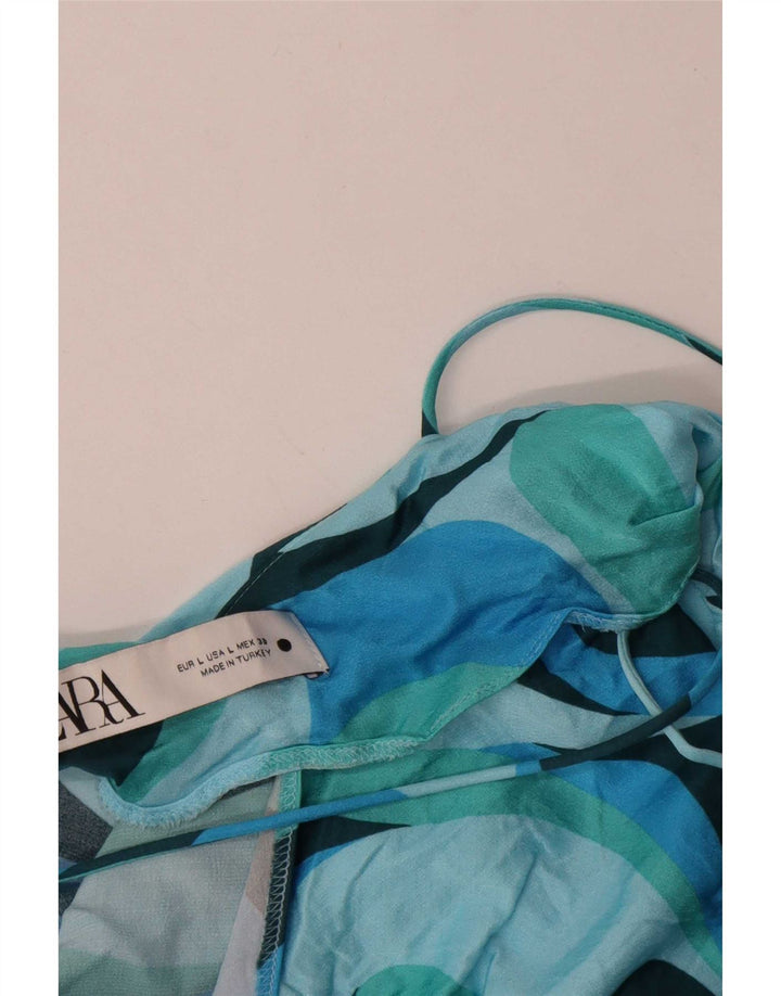 Zara kvinders abstrakt mønster solkjole UK 14 Large Blue Colourblock Viscose