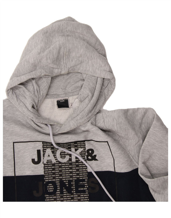 JACK & JONES Mens Graphic Hoodie Jumper Medium Navy Blue Colourblock Vintage Jack & Jones and Second-Hand Jack & Jones from Messina Hembry 