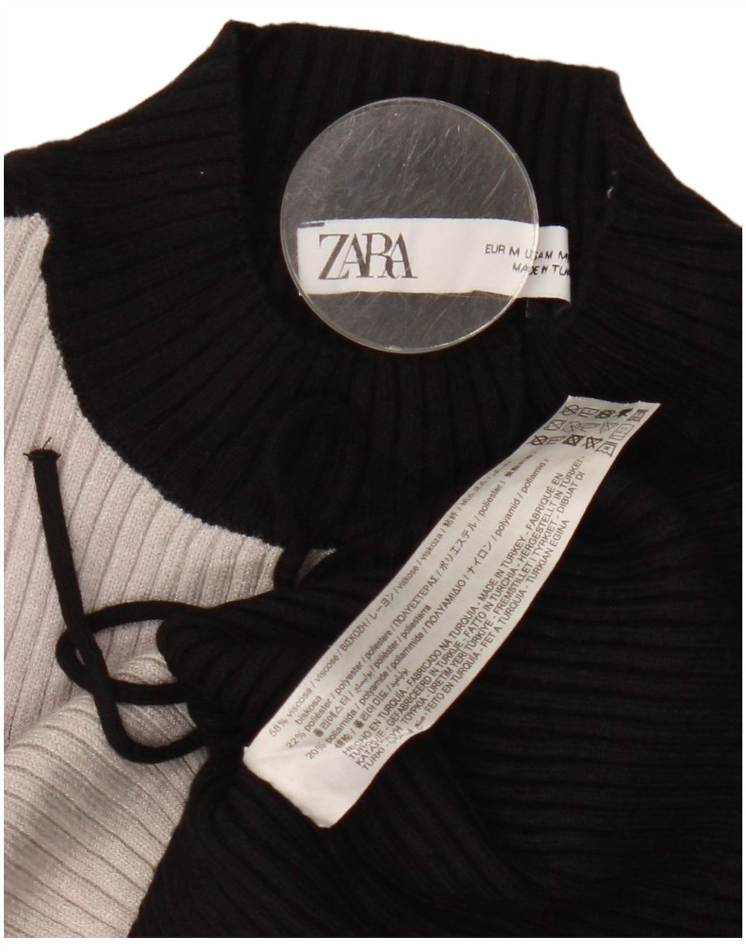 Zara Womens Crop Top Langærmet UK 12 Medium Black Colourblock Viscose