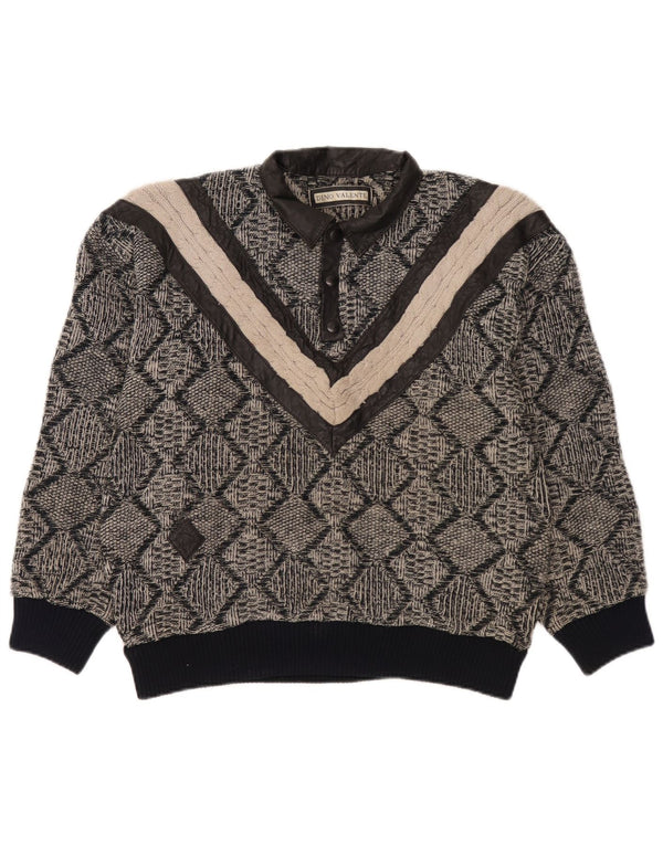 Vintage herre polo hals sweater lille grå geometrisk akryl