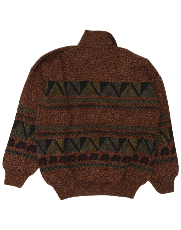 Vintage herre polo hals sweater stor brun geometrisk