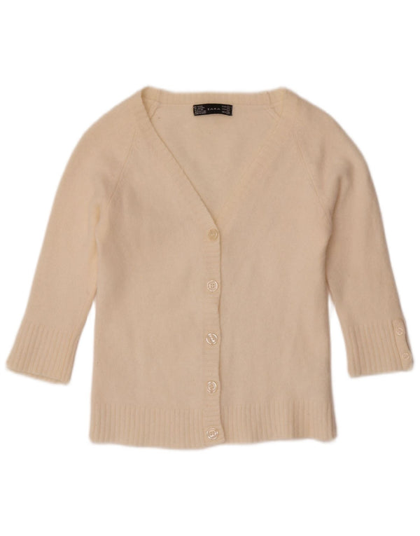 Zara Womens Crop 3/4-ærmet cardigantrøje UK 14 Large Off White Uld