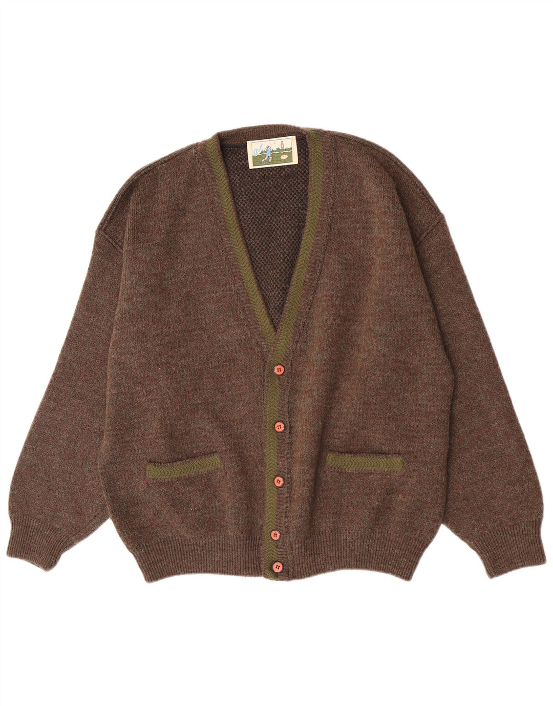 Vintage cardigan sweater til mænd, stor brun flækket
