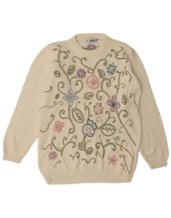 Vintage Dame Crew Neck Jumper Sweater UK 10 Small Off White Floral