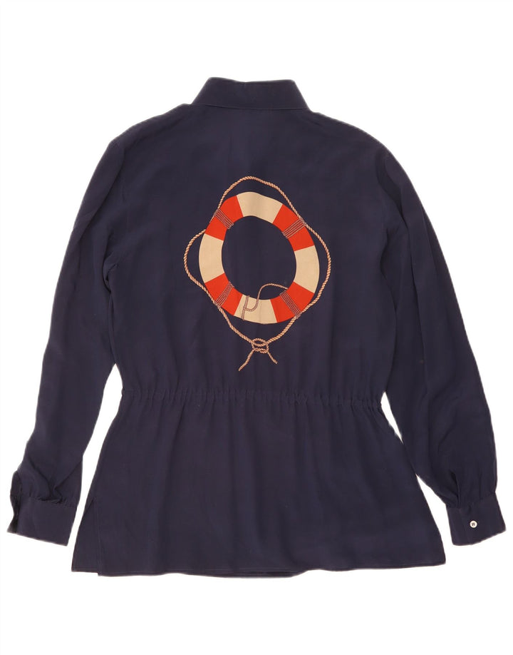 Vintage Dame Grafisk Pullover Shirt UK 14 Medium Navy Blue