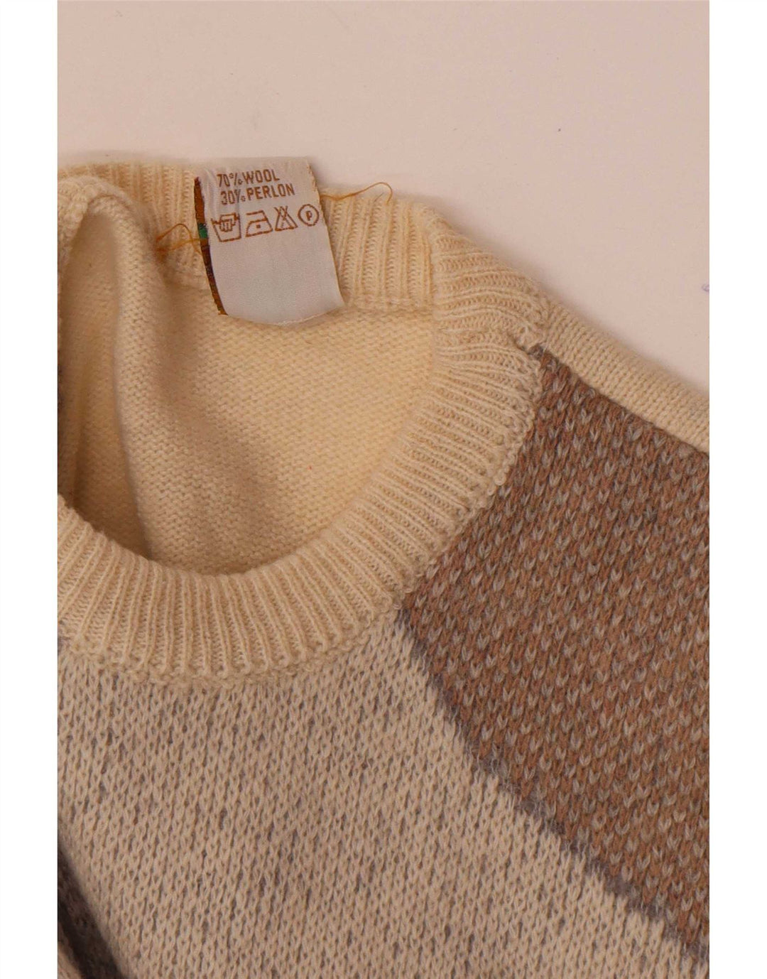 Vintage sweater med rund hals til mænd Medium Off White geometrisk uld