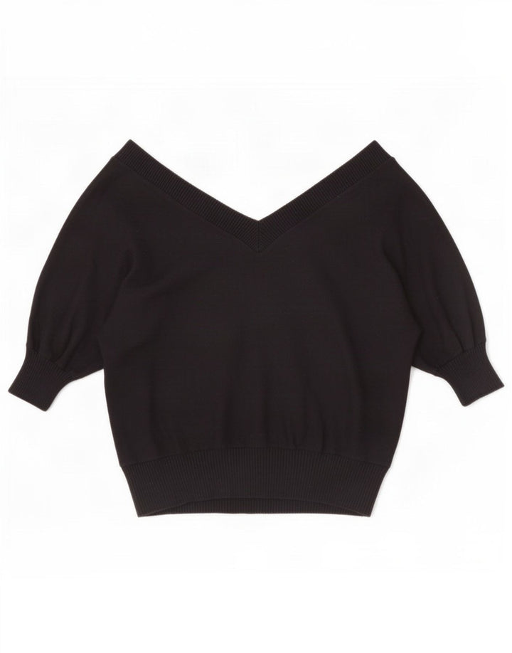 Zara Dame Kortærmet V-hals Jumper Sweater UK 14 Medium Sort