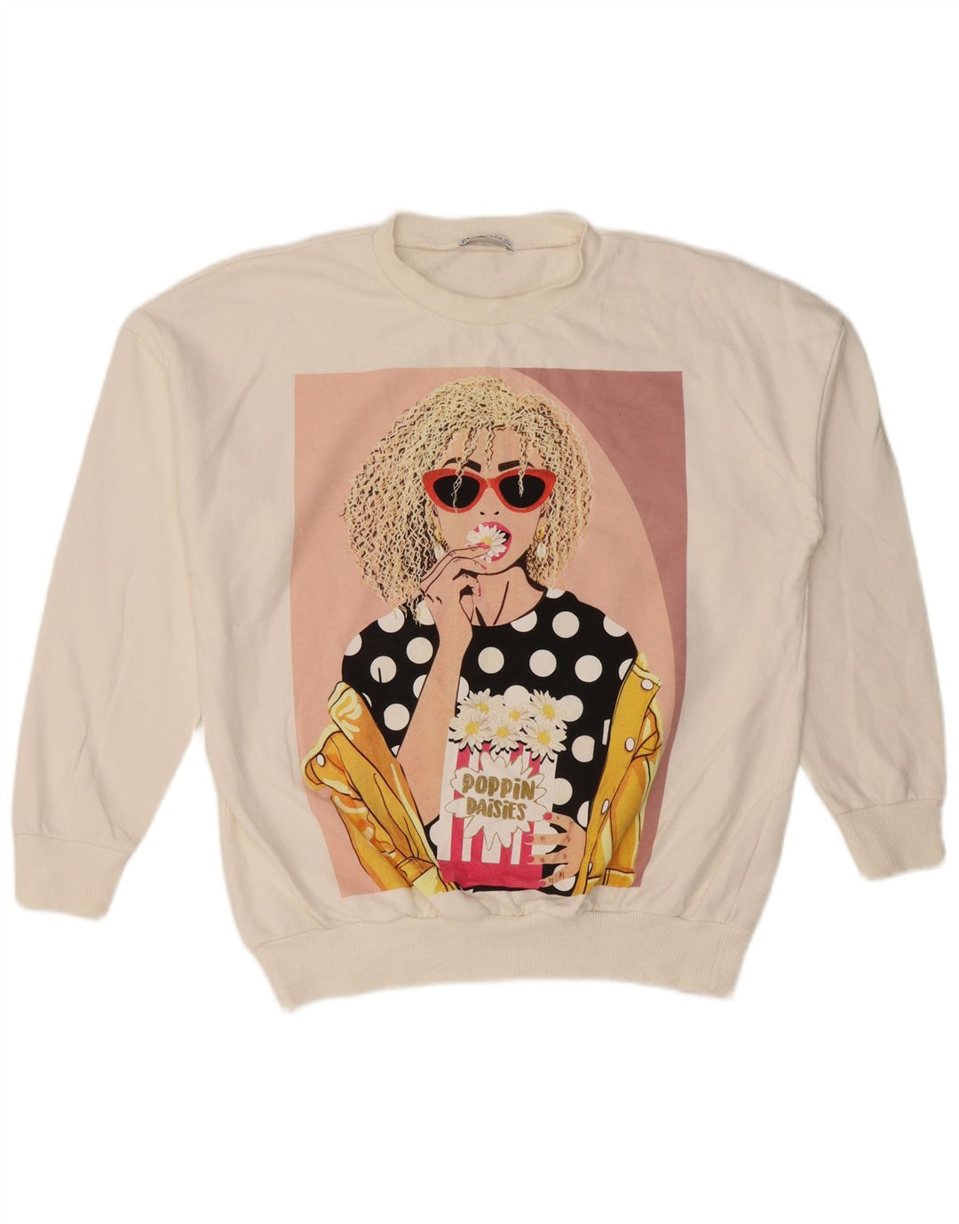 Zara Womens Grafisk Oversized Sweatshirt Jumper UK 10 Small White Bomuld