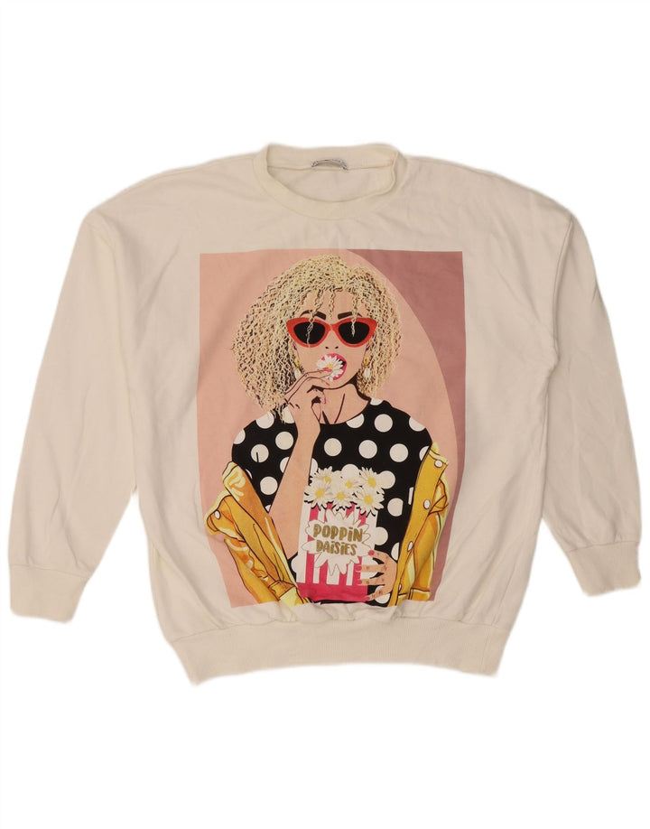 Zara Womens Grafisk Oversized Sweatshirt Jumper UK 10 Small White Bomuld