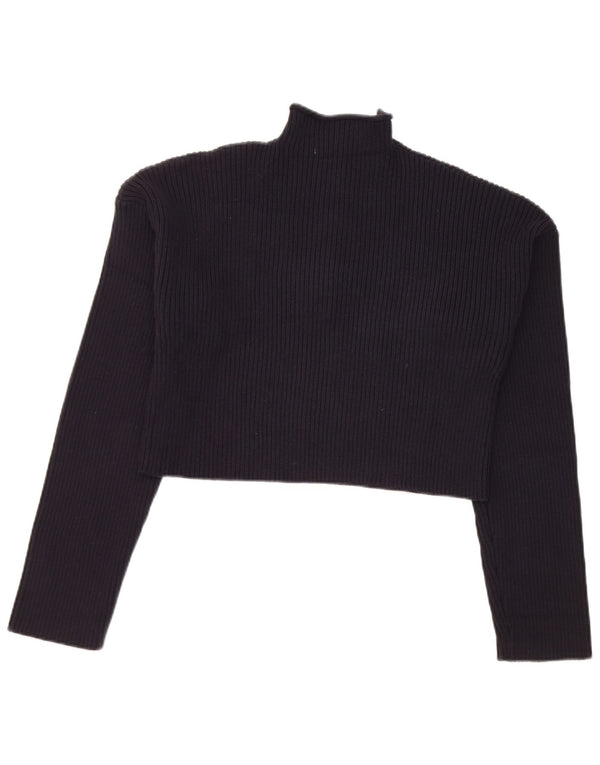 Zara Womens Crop Button Neck Jumper Sweater UK 14 Large Navy Blue Cotton