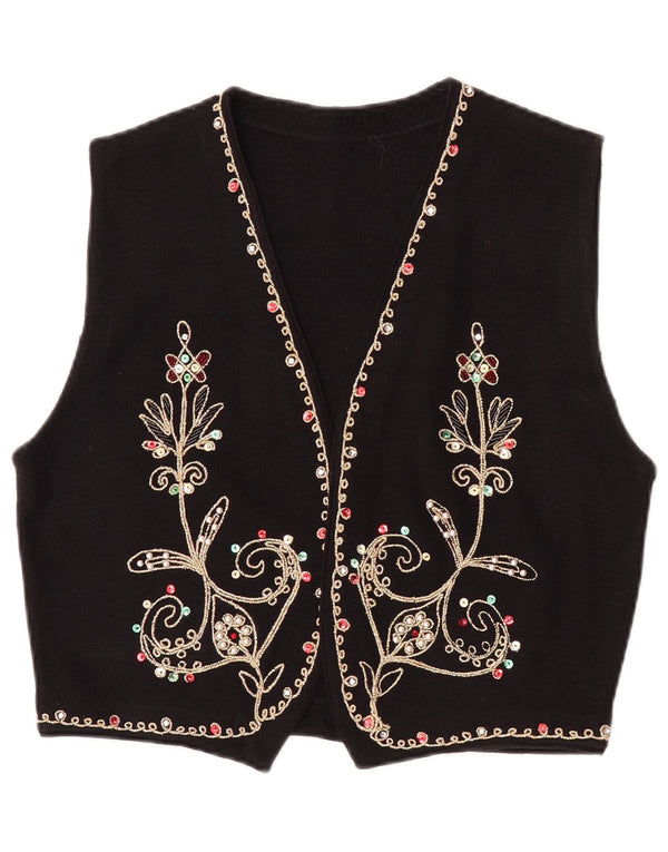 Vintage damestrikket vest UK 14 Stor sort blomstret uld