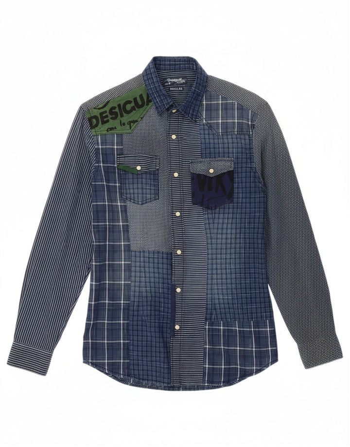 DESIGUAL Mens Regular Fit Graphic Shirt Small Blue Patchwork Cotton