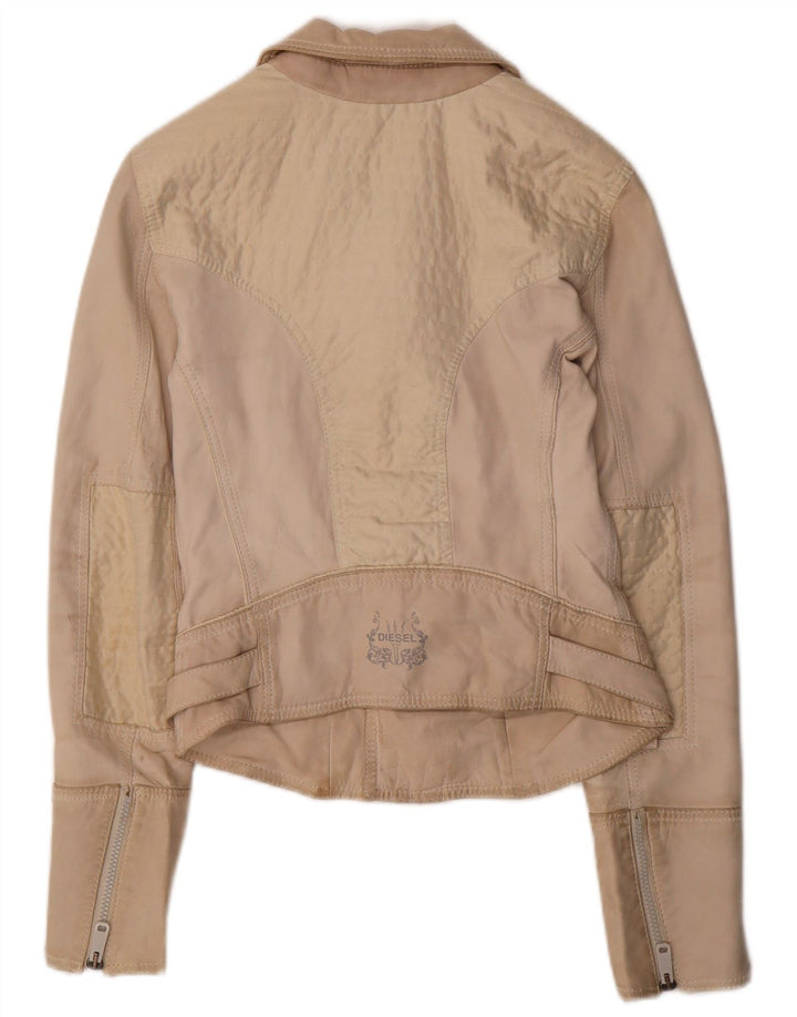 DIESEL Dame Crop Læder Biker Jacket UK 10 Small Beige Læder