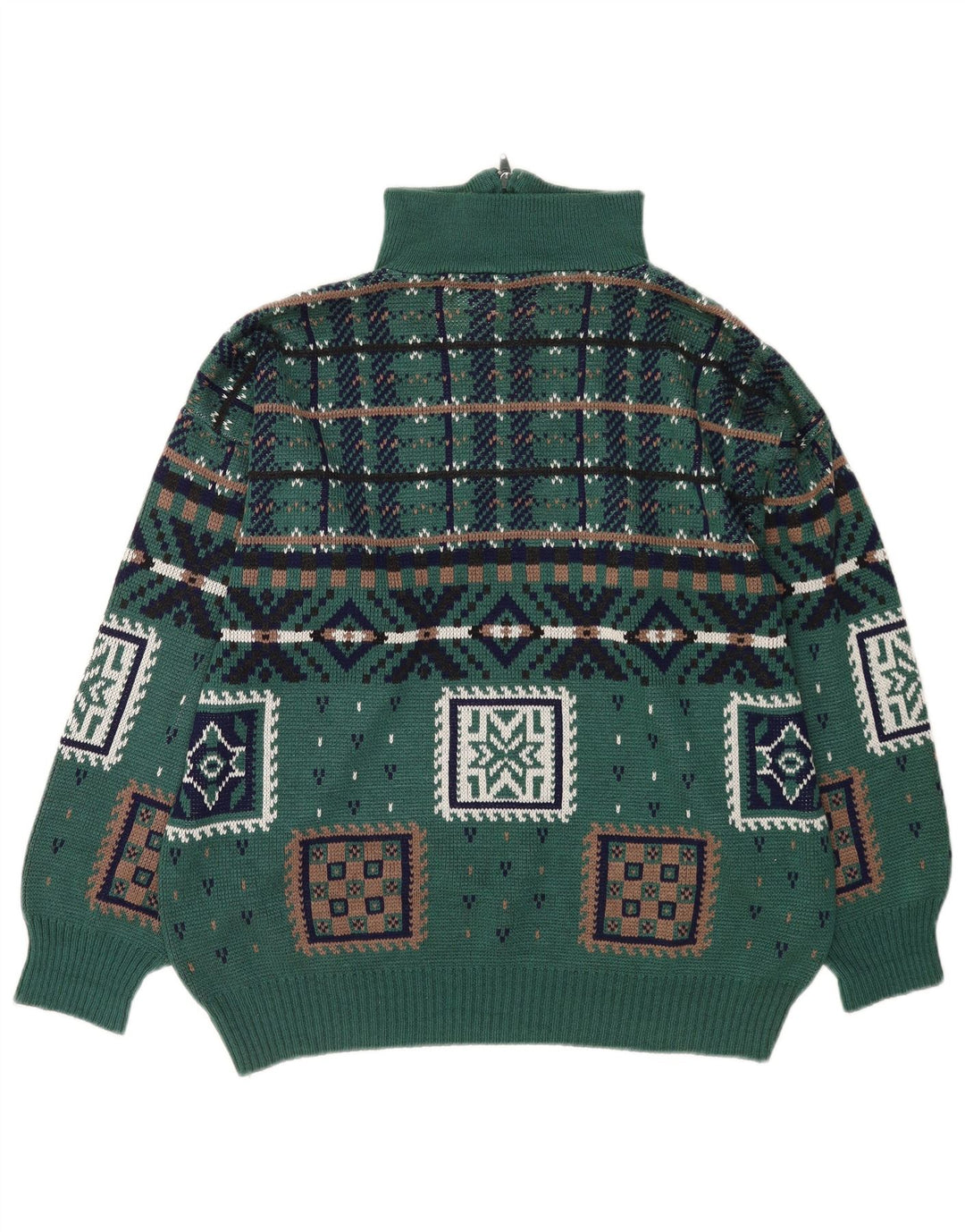 Vintage herre lynlås-hals sweater stor grøn geometrisk polyakryl