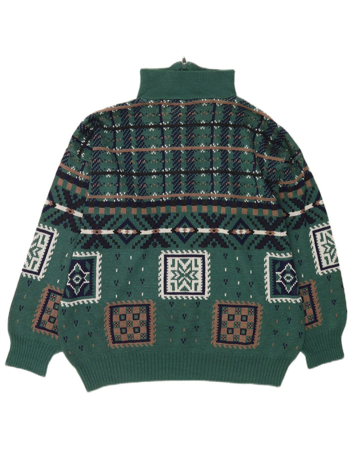 Vintage herre lynlås-hals sweater stor grøn geometrisk polyakryl