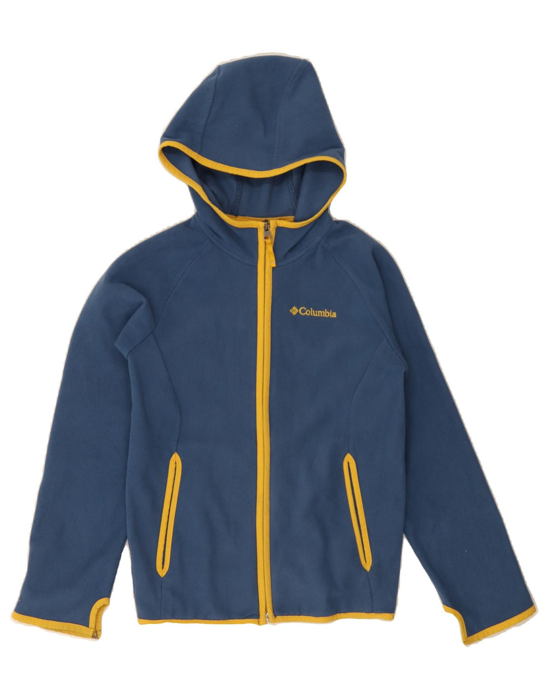 COLUMBIA Girls Hooded Fleece Jacket 10-11 Years Medium Navy Blue Polyester Vintage Columbia and Second-Hand Columbia from Messina Hembry 