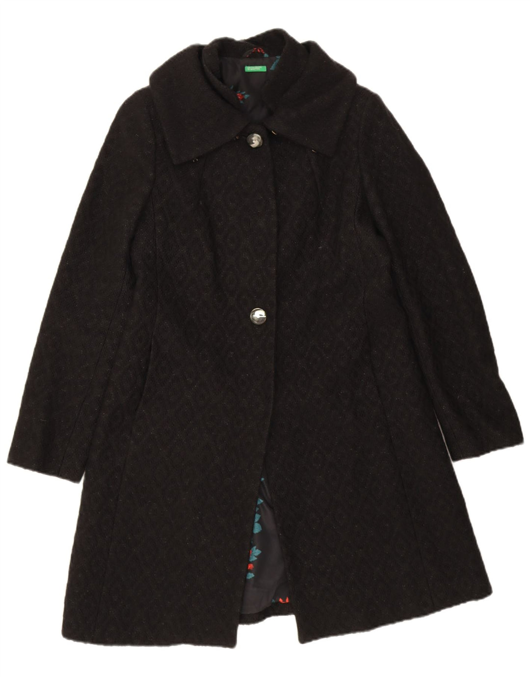Benetton Dame Overfrakke IT 44 Medium Sort Argyle/Diamond