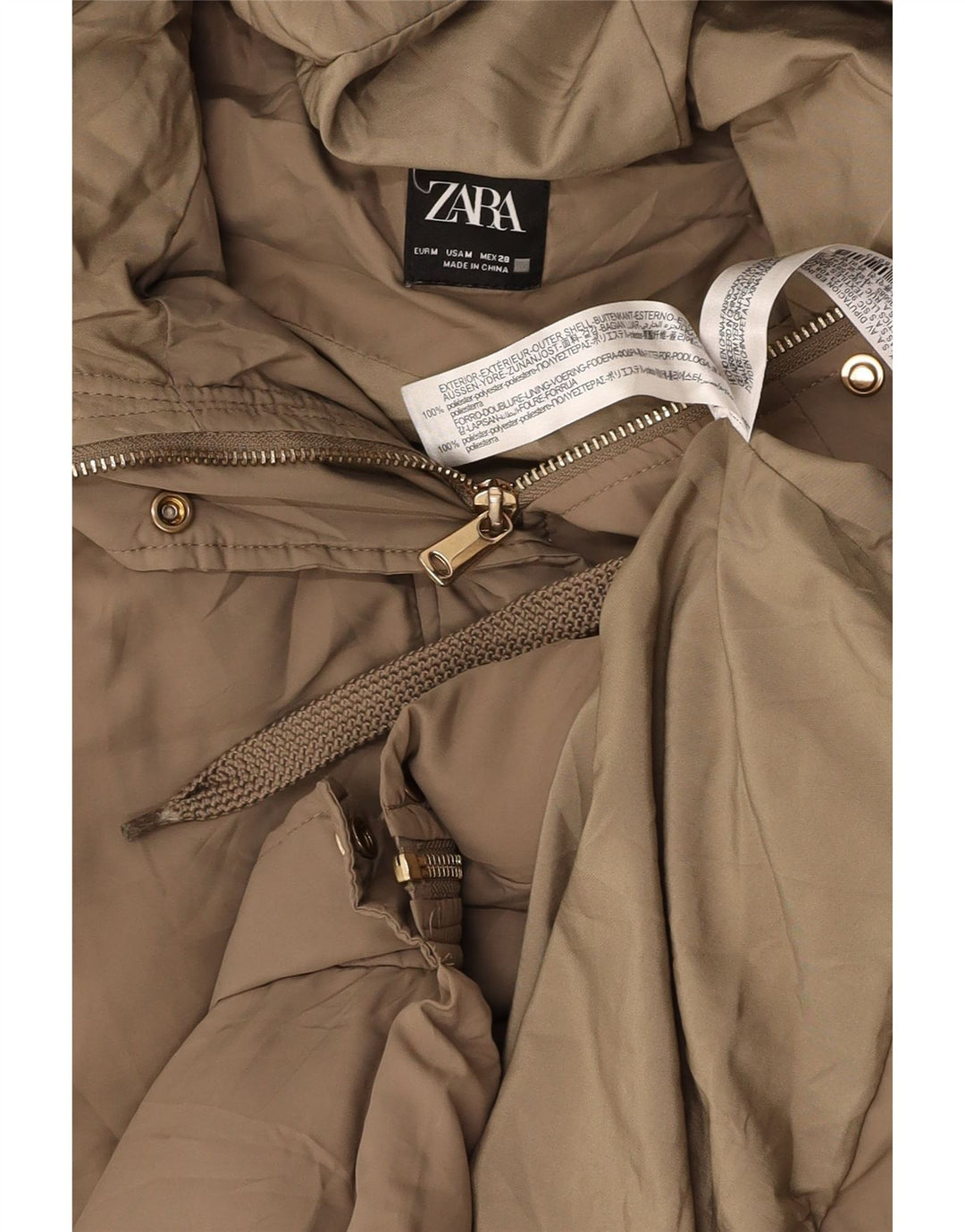 ZARA Longline, polstret hættetrøje til kvinder, UK 12 Medium Beige Polyester