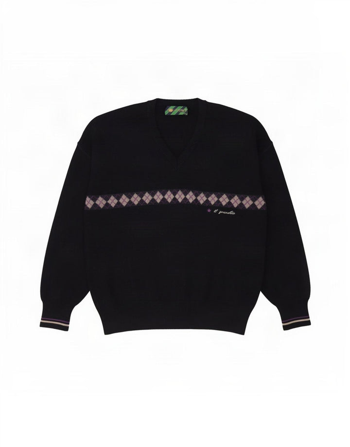 Il Granchio Herre V-hals sweater Medium Navy Blue Argyle/Diamond Wool