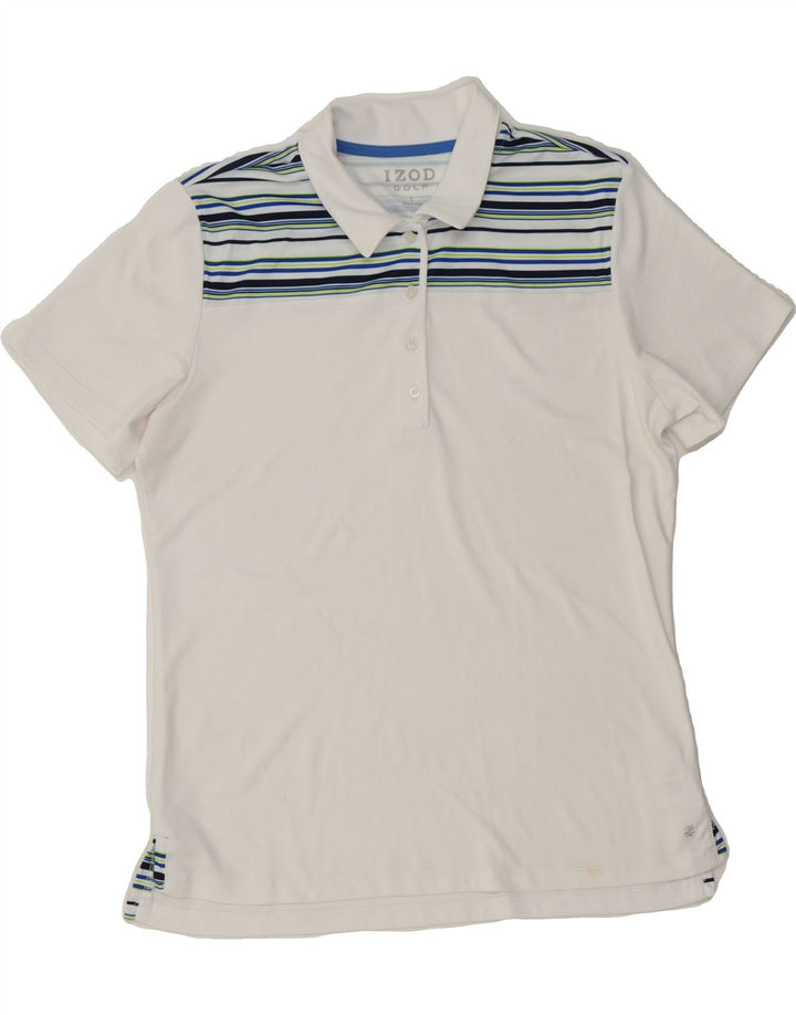 IZOD Womens Polo Shirt UK 16 Large White Striped Polyester Vintage Izod and Second-Hand Izod from Messina Hembry 