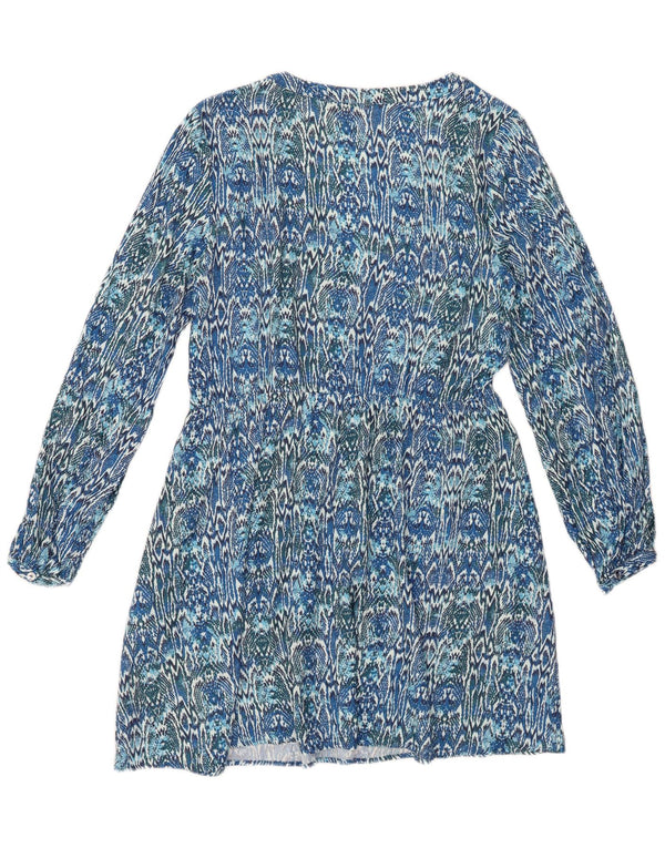 ZARA Dame Langærmet A-Line Kjole UK 10 Small Blue Ikat Viscose
