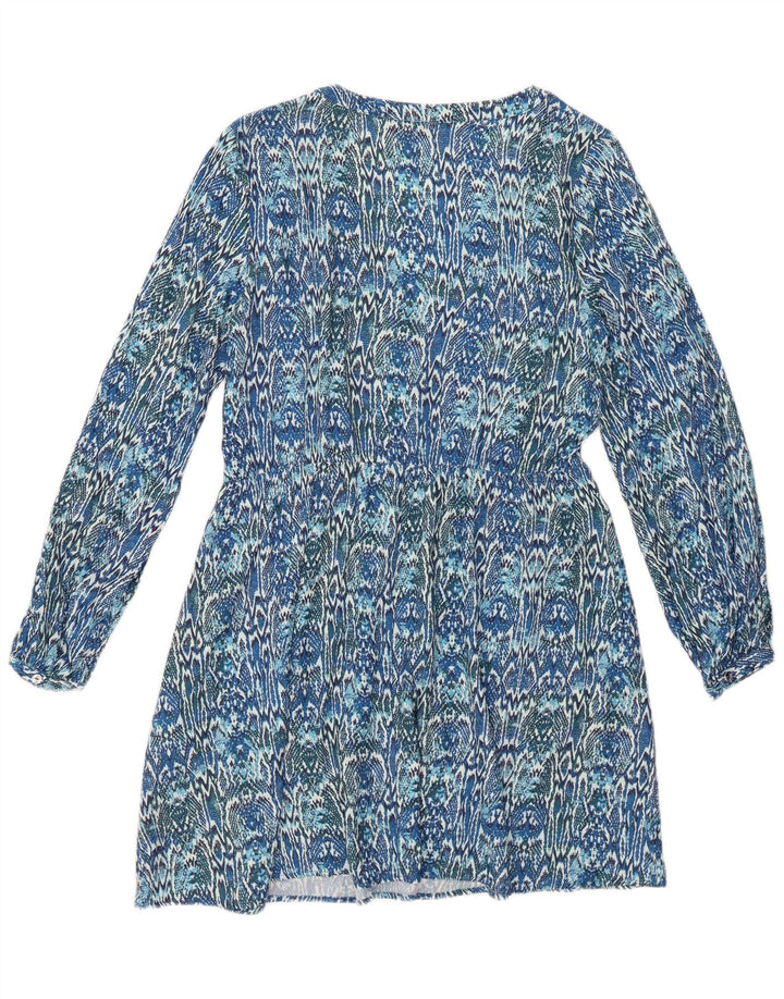ZARA Dame Langærmet A-Line Kjole UK 10 Small Blue Ikat Viscose