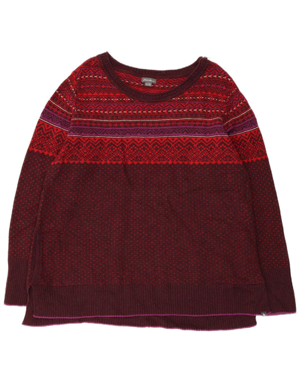 Eddie Bauer Dame Boat Neck Jumper Sweater UK 20 2XL Burgundy Fair Isle