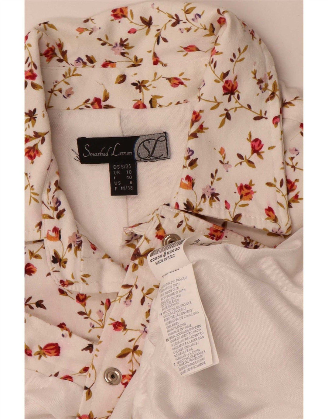 Smashed Lemon Womens Crop Bomber Jacket UK 10 Small White Floral Cotton